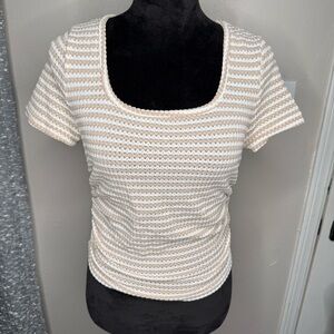 Cream and White Striped Short Sleeve Scoop Neck Top